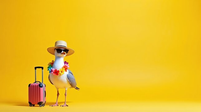 Sommerurlaub &ndash; M&ouml;we mit Koffer, Sonnenhut und Sonnenbrille auf gelbem Hintergrund