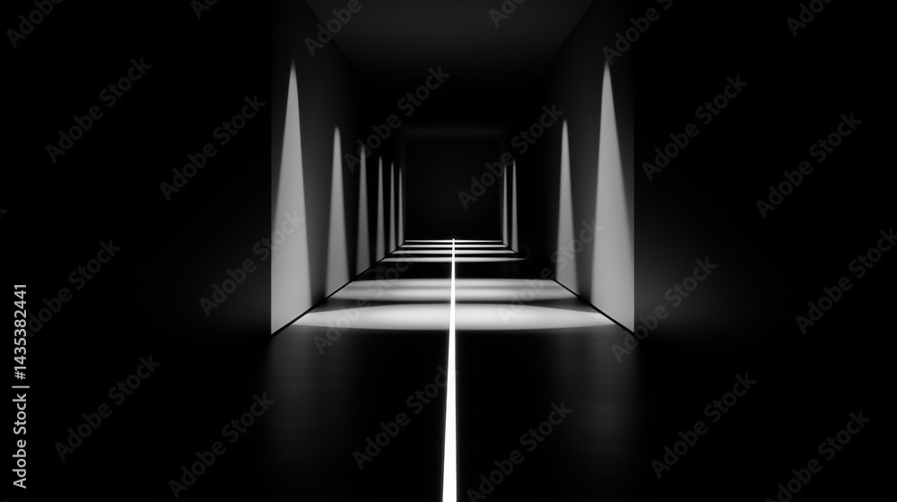 Poster a long hallway with a single light source casting a bright line down the center.