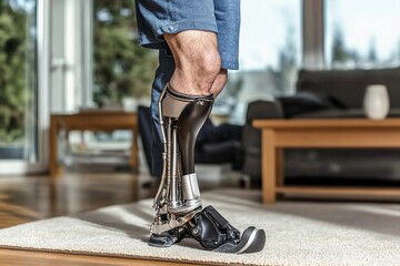 Man confidently walking on the street with a prosthetic leg during a sunny day in an urban environment