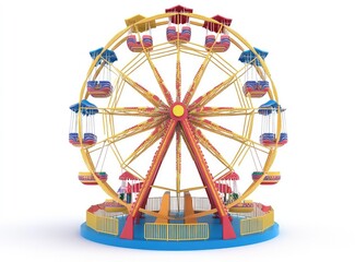 Colorful Ferris wheel with yellow frame and red, blue, and white gondolas