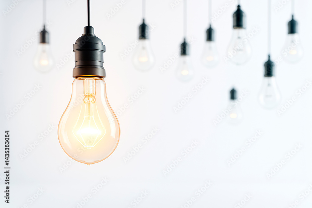 Poster Close-up of lit lightbulb symbolizing creativity and innovation with multiple blurred bulbs hanging in the background on white, minimalistic background.