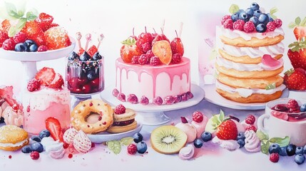 Watercolor painting of cakes, cookies, and fruit snacks in soft pastel tones
