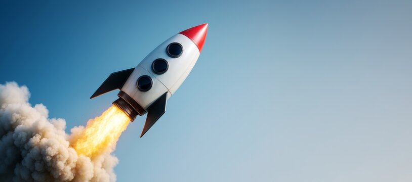 Cartoon-style spaceship rocket launching with fire and smoke trail, symbolizing startup growth on a clean blue sky background with copyspace.