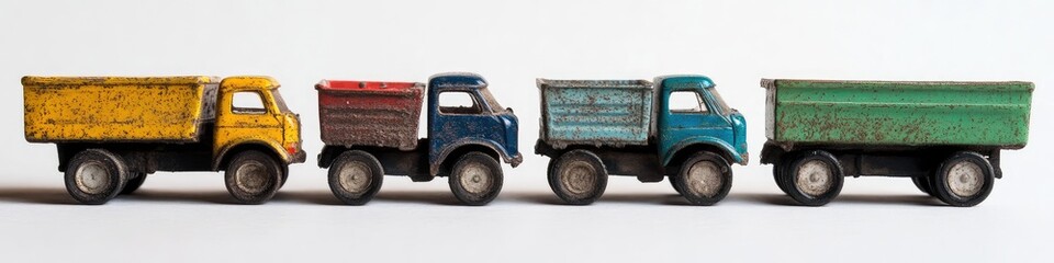 Obraz premium Four vintage toy dump trucks in a row, showing wear and different colors