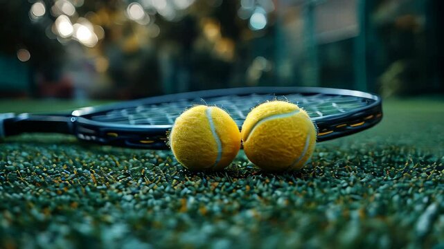 Two bright yellow tennis balls rest beside a racket on a green court. The sunlight casts a warm glow, creating a focused atmosphere for practice.