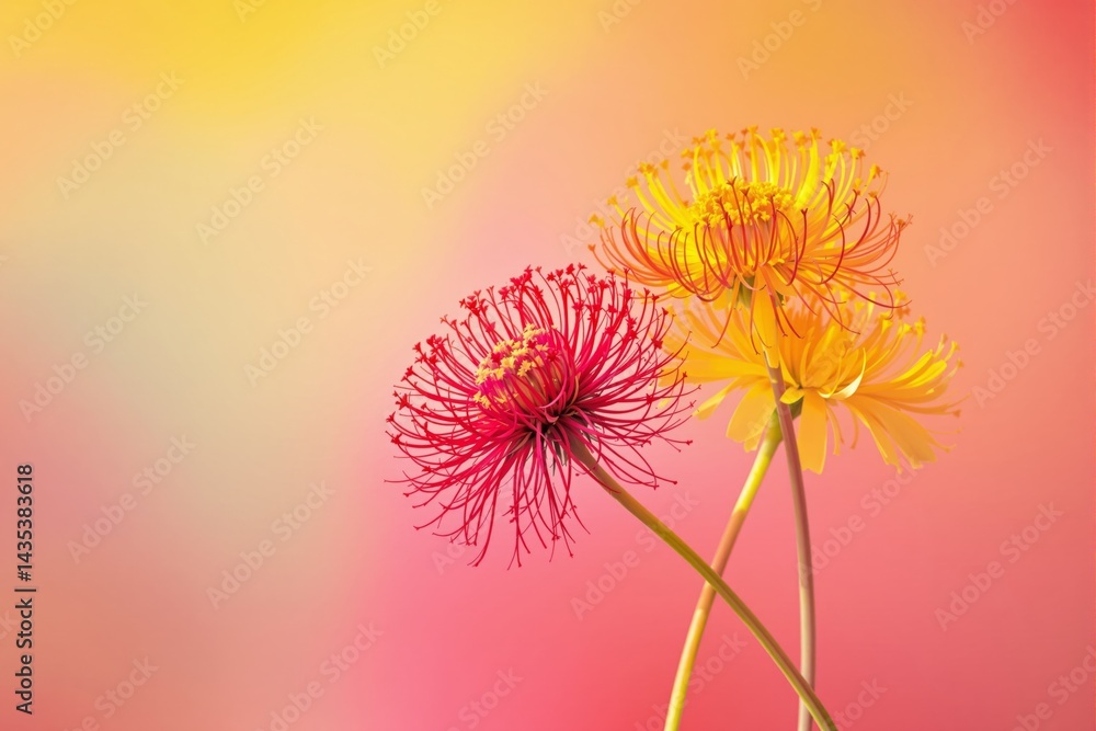 Poster Abstract colorful flowers with intricate petals against a soft light gradient background in a creative digital art composition.