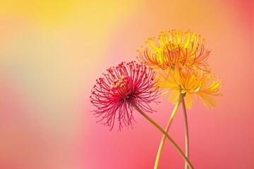 Abstract colorful flowers with intricate petals against a soft light gradient background in a creative digital art composition.
