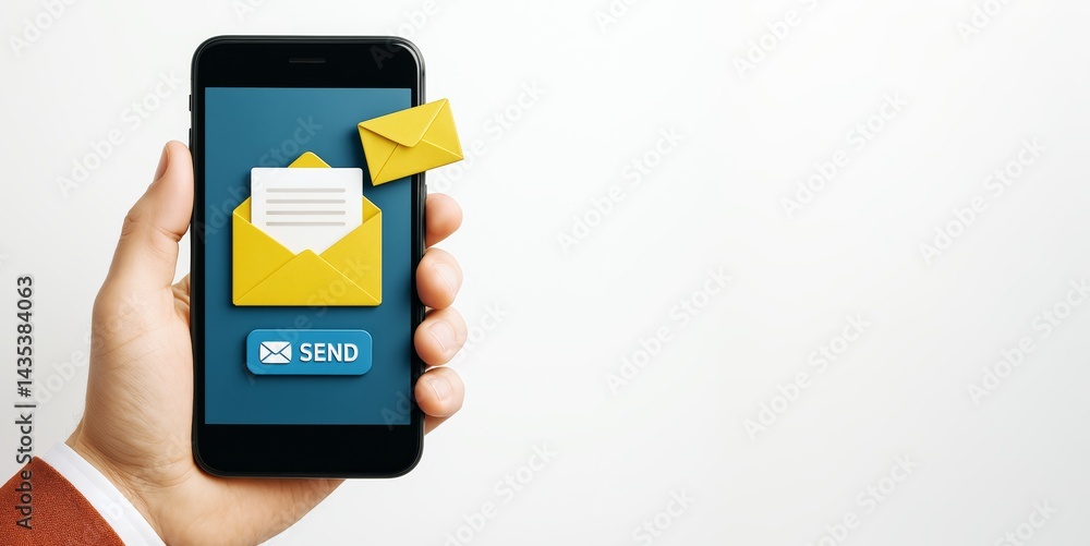 Poster Smartphone with email envelope icon on screen held in hand, symbolizing digital communication and modern online messaging concept.