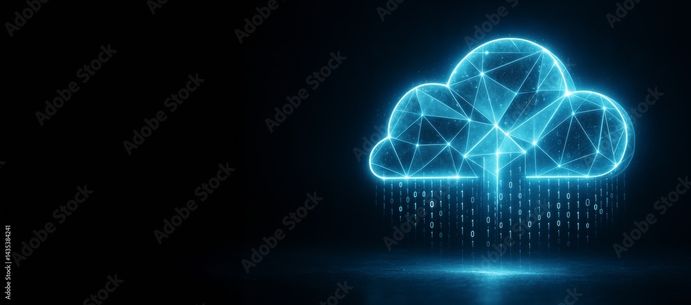 Leinwandbilder Glowing blue cloud icon with binary code and geometric mesh lines on dark background representing cloud computing and data exchange concept.