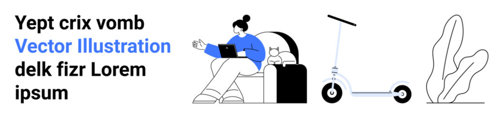 Person using a laptop on a couch, next to an electric scooter and a decorative plant. Ideal for remote work, online learning, modern lifestyle, eco-transport, productivity, relaxation, simple landing
