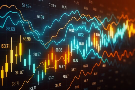Dynamic financial market data with glowing candlestick and line charts on a digital screen background illustrating investment growth concept.
