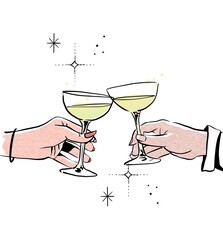 hand holding a glass of champagne Drink Celebrate Line Art Invitation Vintage event love On Transparent Background © 7nov.studio