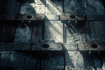 Dark, rustic wooden planks with aged metal reinforcements, illuminated by sunlight.