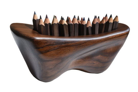 Wooden pencil holder with  array of pencils  Unique, artistic design