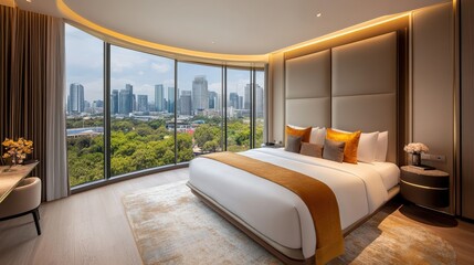 Modern elegant hotel room with scenic urban view featuring plush bedding and stylish decor