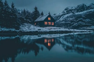 Fototapeta premium Secluded cabin reflecting in a tranquil, snow-covered lake at twilight