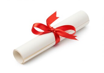 Diploma scroll tied with red ribbon isolated on white background