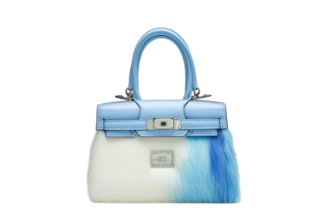Light blue and white handbag  Features faux fur accents