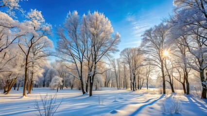 Obraz premium Dense snow-covered forest with bare trees against a pale blue sky