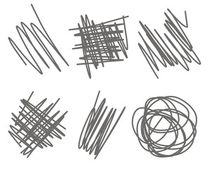 Six unique, abstract scribbled shapes are arranged in different orientations showcasing a variety of line styles and textures. The design uses simple dark lines against a white background