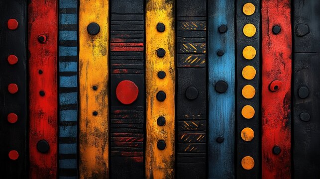 Colorful painted wooden strips with geometric patterns