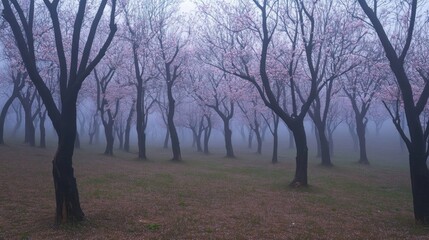 Misty, early morning cherry blossom grove.