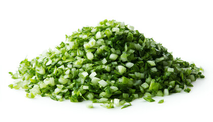 Obraz premium Heap of freshly chopped green onions isolated on white