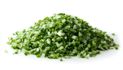 Obraz premium Heap of freshly chopped green onions isolated on white