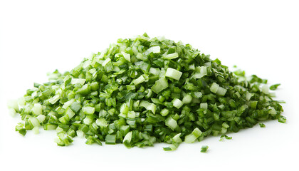 Obraz premium Heap of freshly chopped green onions isolated on white