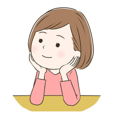 両手で頬杖をついて上を見る笑顔のかわいい女性