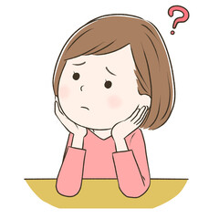 両手で頬杖をついて上を見ながら疑問を抱くかわいい女性