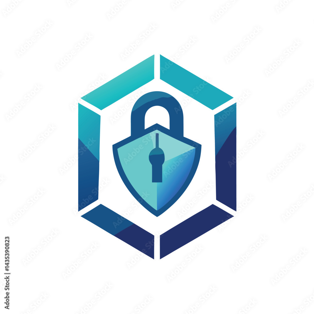 Poster minimalist logo design showcasing a padlock symbolizing data security, featuring geometric shapes an