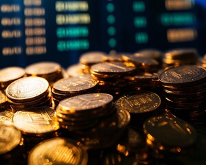 Pile of gold coin stock market ticker scrolling background representing financial growth investment cinematic look wealth building through investment highlighted glowing stock data high quality