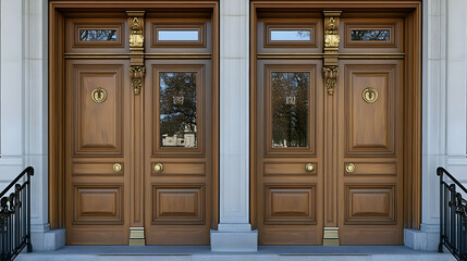 Obraz premium Elegant double wooden doors with ornate details, showcasing classic architectural design. Ideal for luxury homes, hotels, or historical buildings.