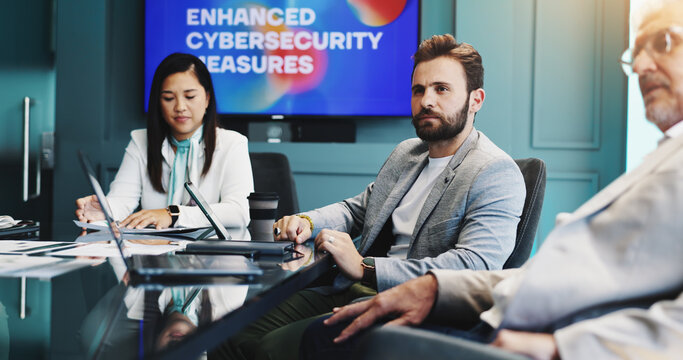 Meeting, laptop and business people in office with screen for enhanced cybersecurity measures. Discussion, teamwork and investors with computer for investment proposal on data protection service. - Powered by Adobe