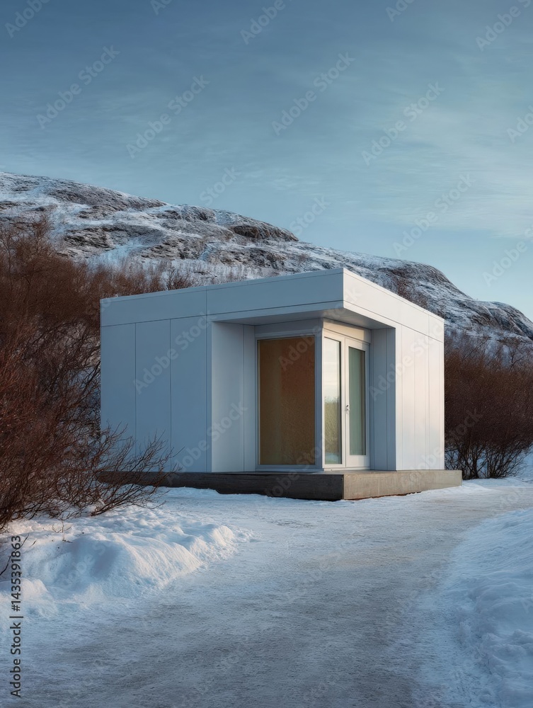 Poster small white building with a glass door and a small window on the right side. the building is located