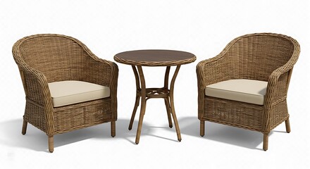 Fototapeta premium Wicker Retreat Rustic Garden Set Summertime Conversation Cozy Patio Ensemble Weave Of Comfort Brown Tones Harmony Relaxing Rattan Chairs AI Generated