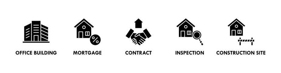 Real Estate banner web icon illustration concept with icon of office building, mortgage, contract, inspection, and construction site