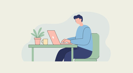 Minimalist Workspace Plant Laptop and Mug on Desk