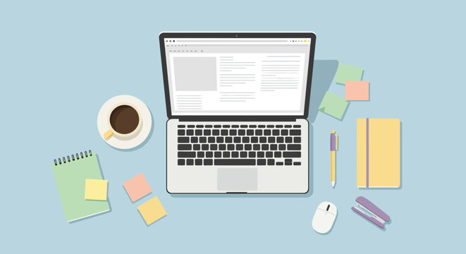 Minimalist Workspace Laptop Coffee Notepad and Pastel Sticky Notes
