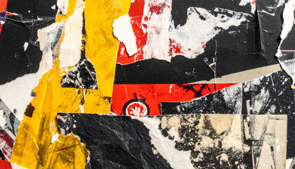 Fototapeta premium Vintage black, yellow and red collage background. Grunge art. Abstract textures and shapes