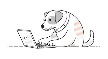 Cartoon Dog Concentrated on Laptop Screen Black and White Line Art