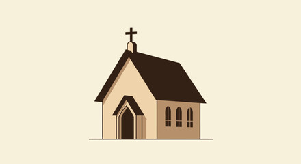 Minimalist Church Illustration with Cross and Brown Accents on Roof and Doorway