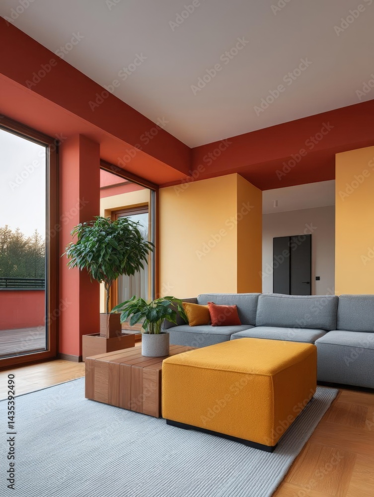Poster modern living room with a large window on the left side. the window has a view of trees and a buildi