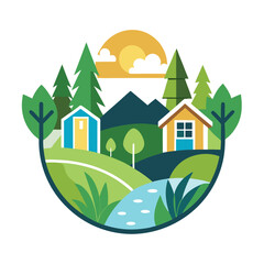 Natural vector logo designed for a landscape design business showcasing serene homes among trees, mountains, and a flowing river during a sunny day