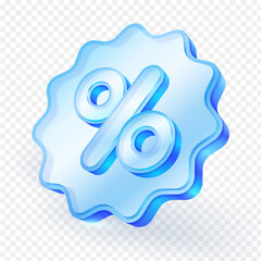3d icon percentage discount sign in glass blue glossy. This symbol is often used in sales, discounts, promotion and finance topics. Vector illustration.