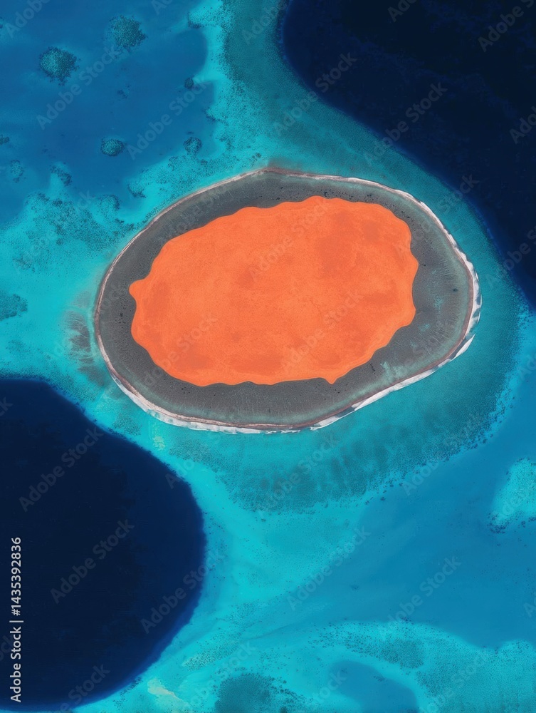 Poster aerial view of a small island in the middle of the ocean. the island is circular in shape and has an