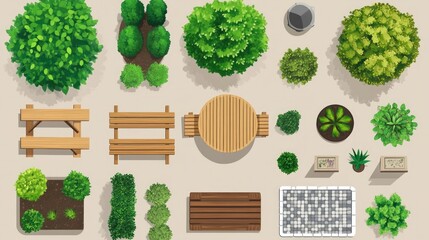 Architectural elements for landscape design top view. Set of outdoor furniture, fence, trees, fence, and tile path for project, plan, map, yard. Benches, chair, table, plant in pot. Vector kit flat.