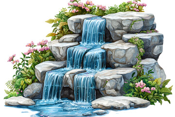 Tranquil Waterfall Surrounded by Lush Greenery and Flowers