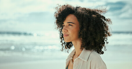 Thinking, reflection or woman at ocean for holiday, vacation, outdoor travel or adventure to relax. Beach, break or person with peace at sea for trip, mindfulness or tourism ideas on island in Bali